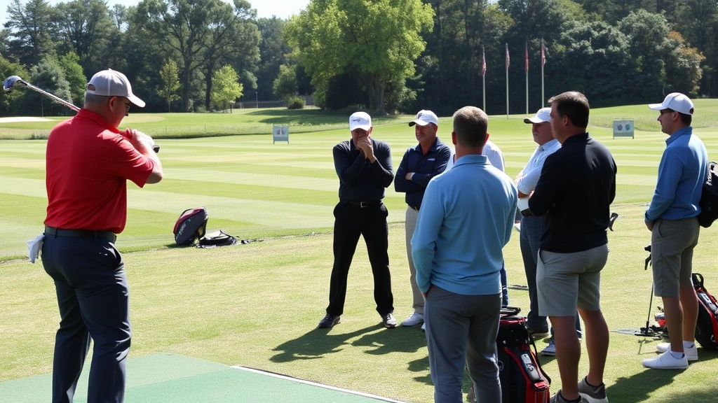 Golf instructor demonstrating swing mechanics to small group of students on practice range, showing proper form and posture, multiple golfers watching attentively, driving range with targets visible