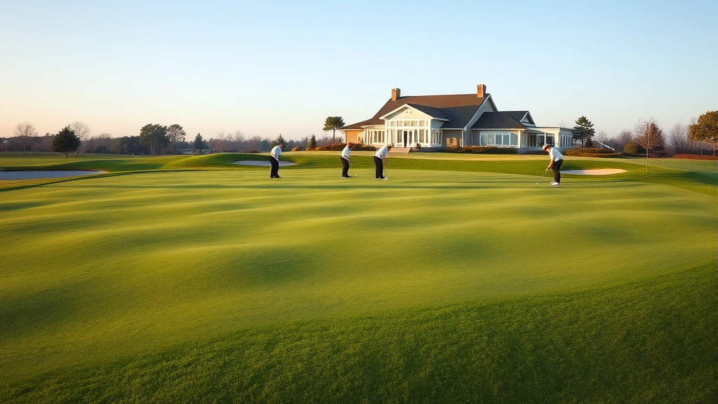 Wide view of pristine putting green with multiple golfers practicing their strokes, undulating green surface with varying elevations, clubhouse building in soft focus background, morning or afternoon lighting