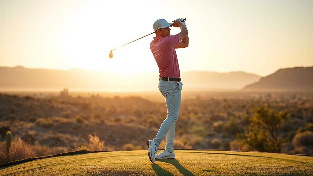 Professional golfer mid-swing on elevated tee box with natural terrain backdrop, golden sunlight, desert landscape visible, focused expression