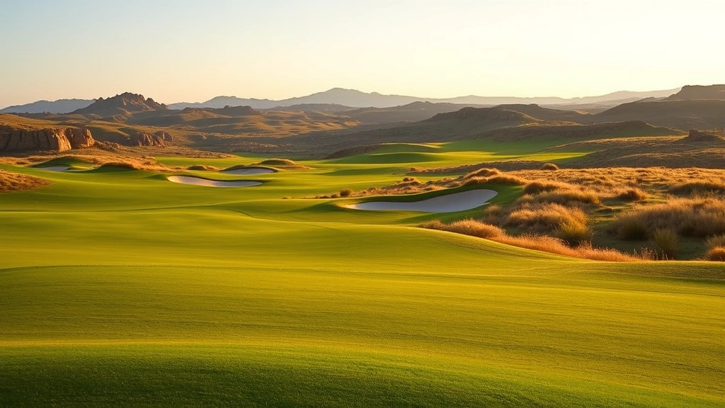 Wide fairway view with strategic bunkers and natural rock formations, rolling topography, pristine green in distance, morning light creating shadows