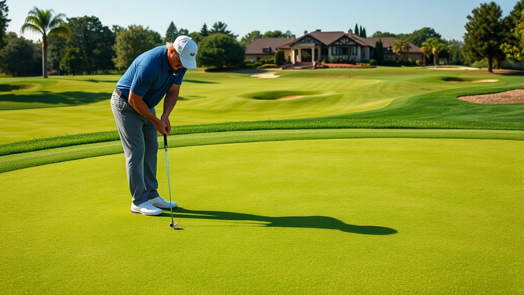 Golfer analyzing putt on well-maintained green with subtle contours, concentrating on line, manicured turf surrounding, course architecture visible in background