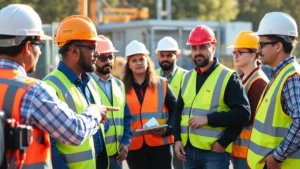 diverse workplace employees in hard hats and safety vests participating in an outdoor safety training session with an instructor pointing to equipment, morning sunlight, professional atmosphere