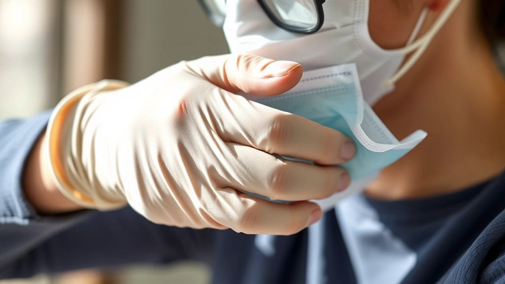 close-up of hands properly demonstrating personal protective equipment donning procedure with safety gloves and mask, showing correct technique, natural lighting, instructional moment