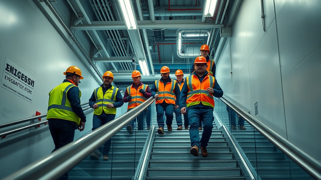 group of workers in safety gear conducting an emergency evacuation drill on a modern industrial facility stairwell, showing orderly movement and attentiveness, realistic workplace setting