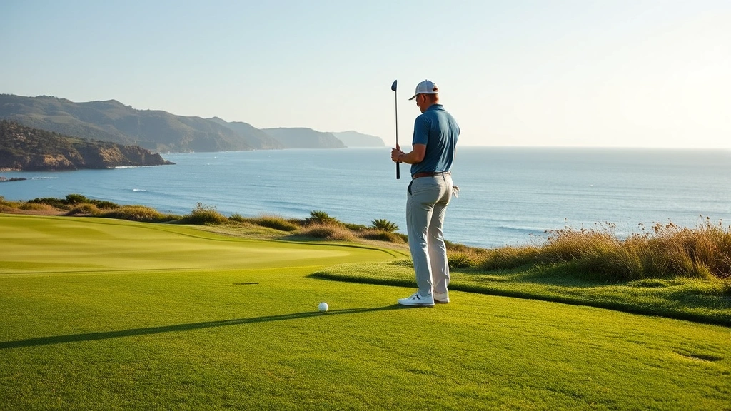 Professional golfer analyzing course conditions near fairway, examining grass and terrain, coastal landscape with trees visible in distance