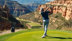 Professional golfer mid-swing on elevated canyon terrain with scenic hillside backdrop, demonstrating proper form and posture during tee shot execution