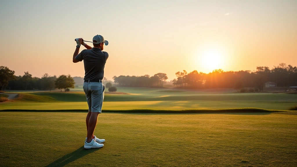 Beginner golfer in relaxed stance on practice range at sunrise, holding driver with natural posture, green fairway and trees visible in soft morning light, peaceful learning atmosphere