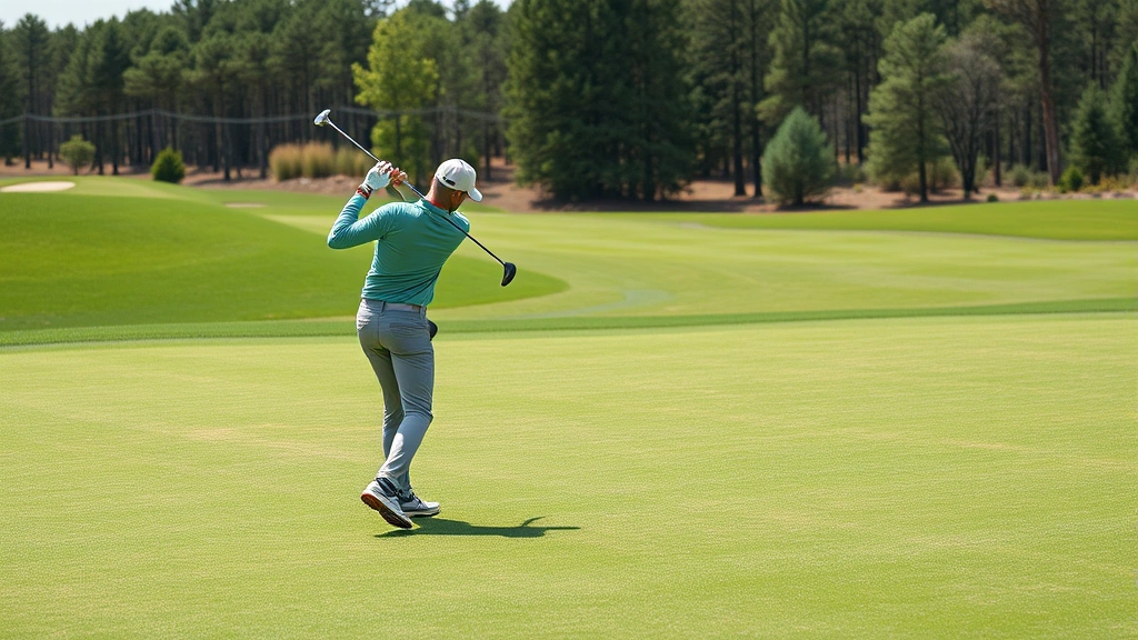 Beginner golfer mid-swing on fairway with forward tee markers visible, course design showing manageable width and clear sightlines, natural landscaping without intimidating hazards