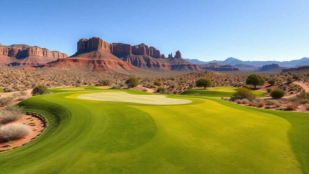 Wide aerial view of pristine golf course fairway with red rock formations and desert landscape in background, clear sunny day, lush green grass contrasting with natural terrain