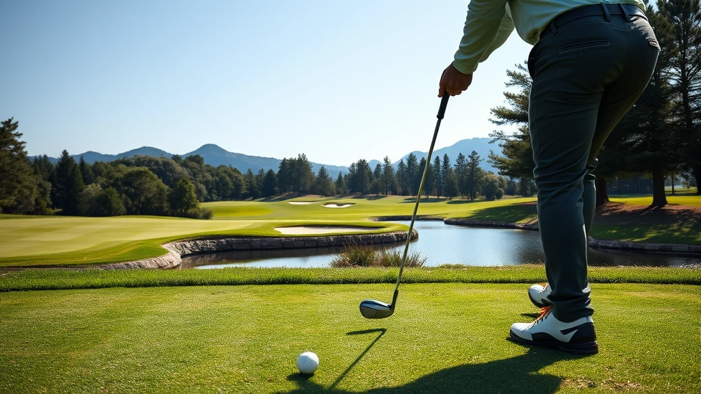 Close-up of golfer mid-swing on fairway with beautiful course architecture visible, natural water features and strategic bunkers in frame, professional athletic form