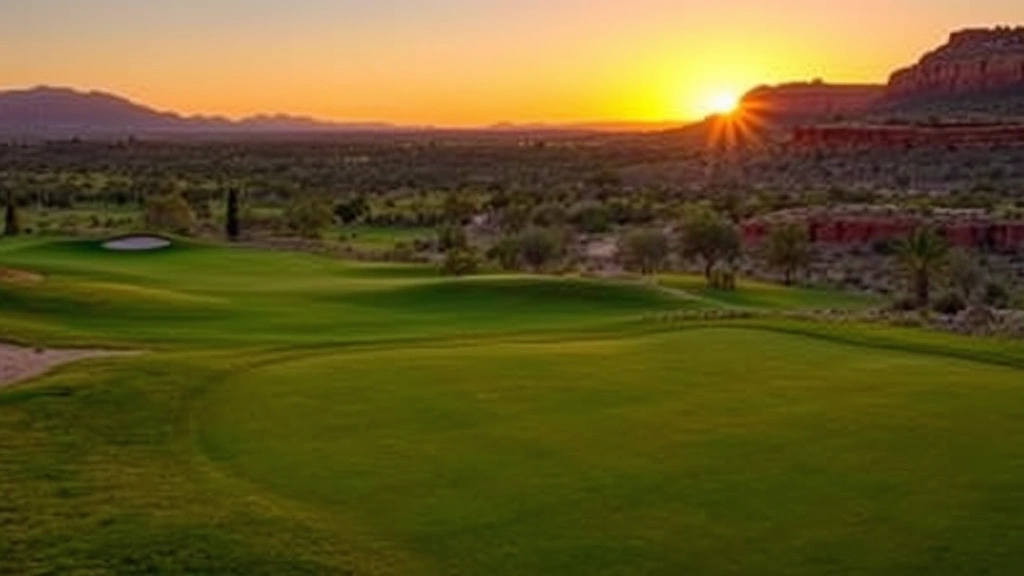 Panoramic sunset view of golf course greens with red rock cliffs in distance, evening light casting long shadows, peaceful landscape demonstrating course's natural beauty