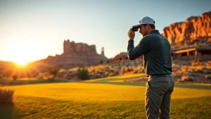 Professional golfer in desert golf setting at sunrise, red rock formations in background, analyzing fairway with rangefinder, focused concentration, dramatic lighting on fairways