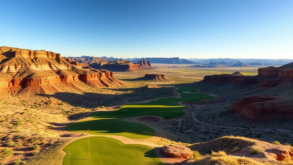 Wide landscape view of championship golf course in high desert terrain, elevation changes visible between fairways, red rock formations framing holes, morning light creating shadows on greens