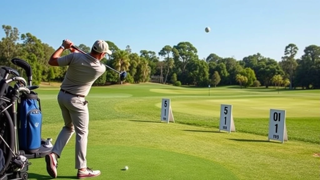 Golfer practicing swing at driving range with distance markers and balls in flight, professional golf course setting, natural daylight, realistic photography