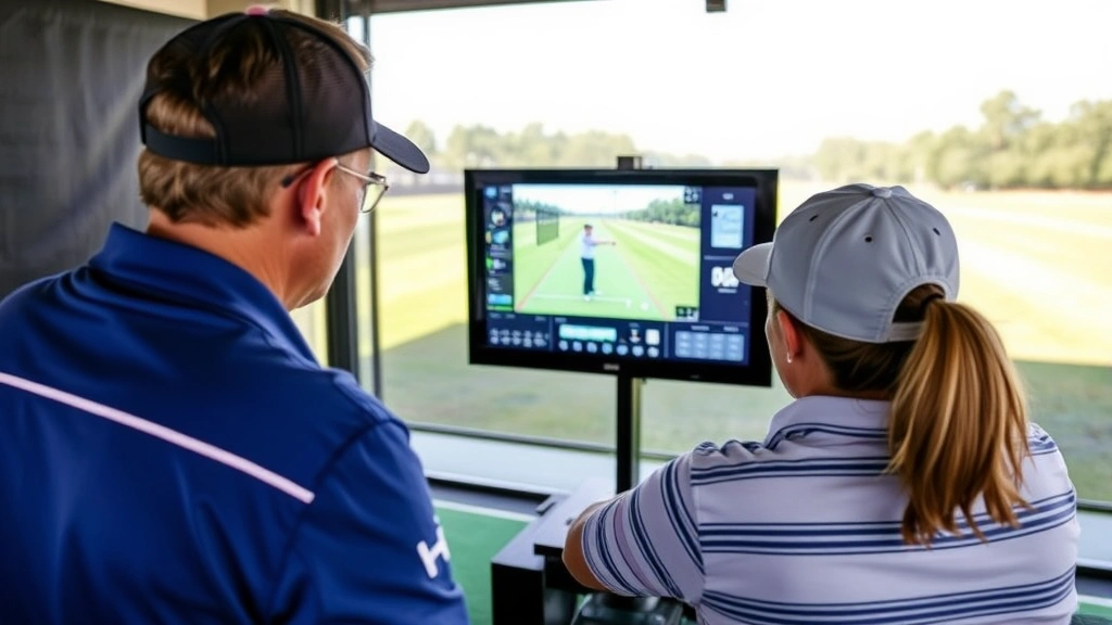 Instructor analyzing golfer's swing technique using video analysis technology, viewing monitor together on practice range, professional coaching moment, educational focus