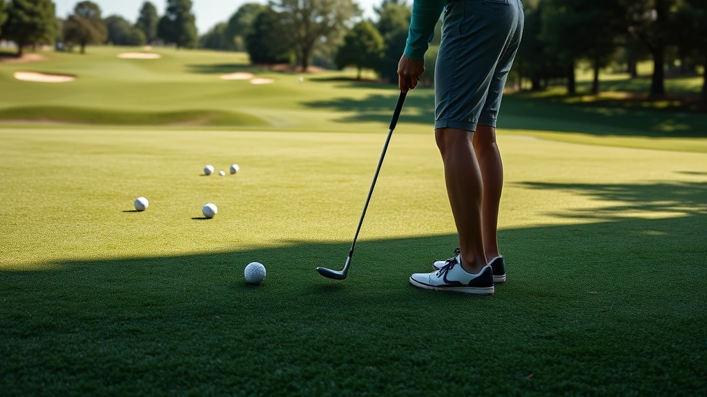 Golfer chipping near putting green practicing short game, multiple golf balls scattered, course maintenance visible, concentrated practice session, realistic golf facility