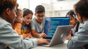 A diverse group of young students collaboratively reviewing code on a laptop screen in a bright, modern learning space with natural lighting, displaying focused engagement and discussion