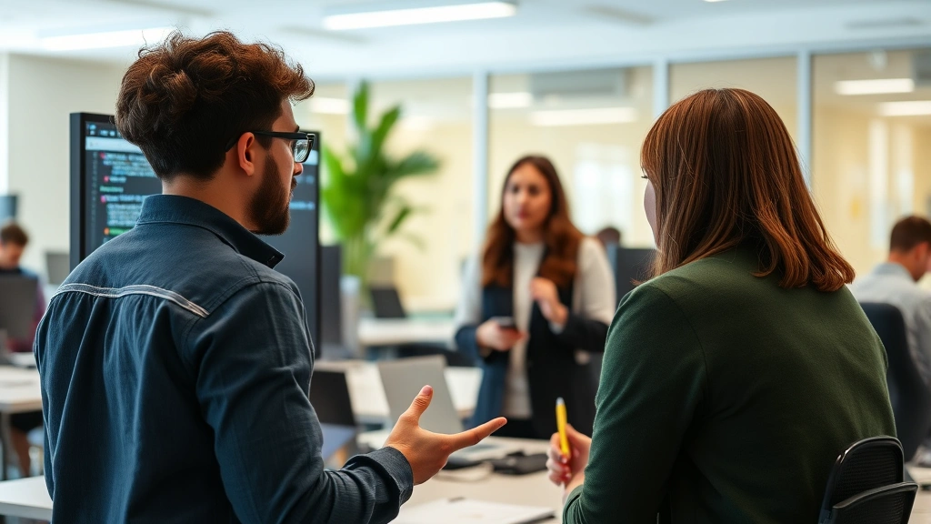 A student presenting or discussing a software project with peers in a collaborative workspace, demonstrating communication skills and professional presentation in a technology-focused setting
