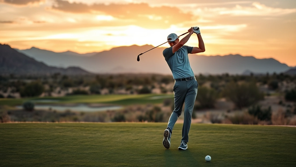 Professional golfer in mid-swing at sunset on desert golf course, showing proper posture and weight transfer, athletic form captured mid-motion