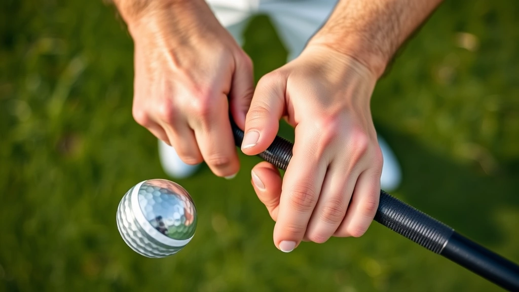Close-up of golfer's hands demonstrating proper grip position on club, showing finger placement and hand alignment from overhead perspective