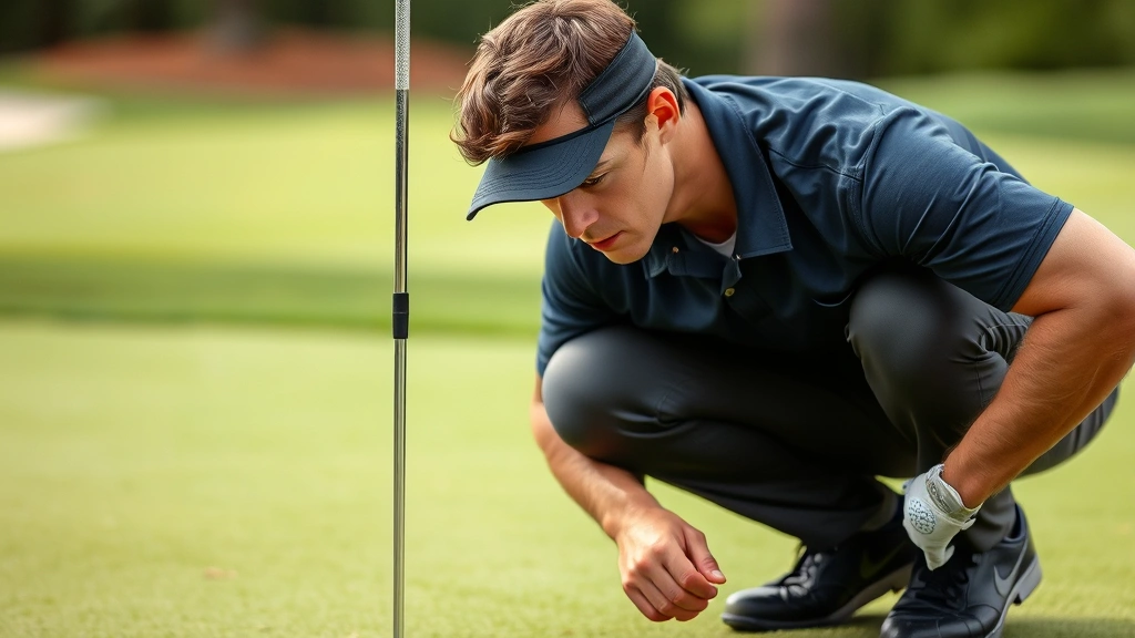 Golfer on putting green with intense focus expression, demonstrating pre-shot routine and mental preparation before critical putt attempt