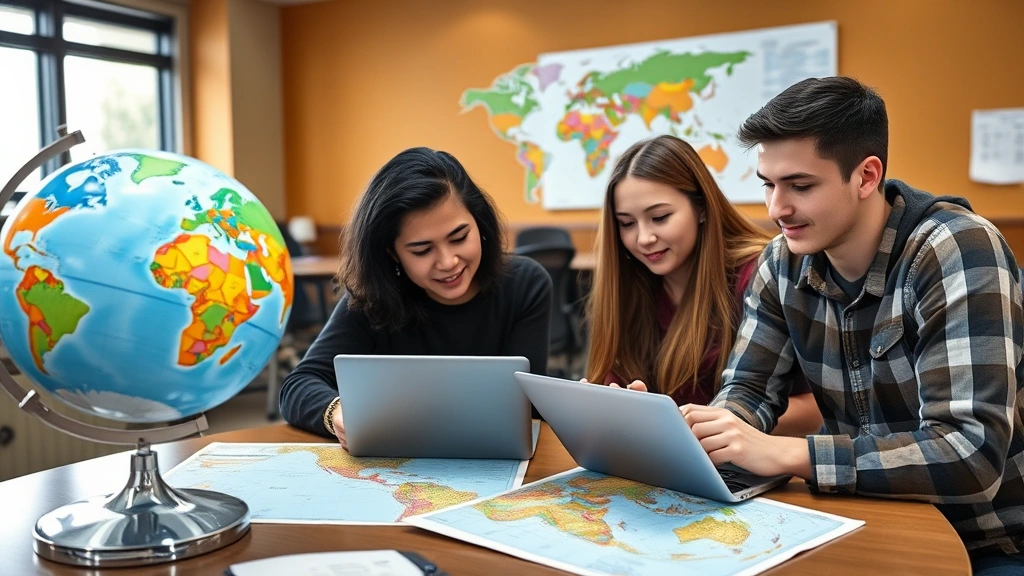 University students studying world maps and geographic data on laptops in collaborative learning environment with colorful globe and atlases visible