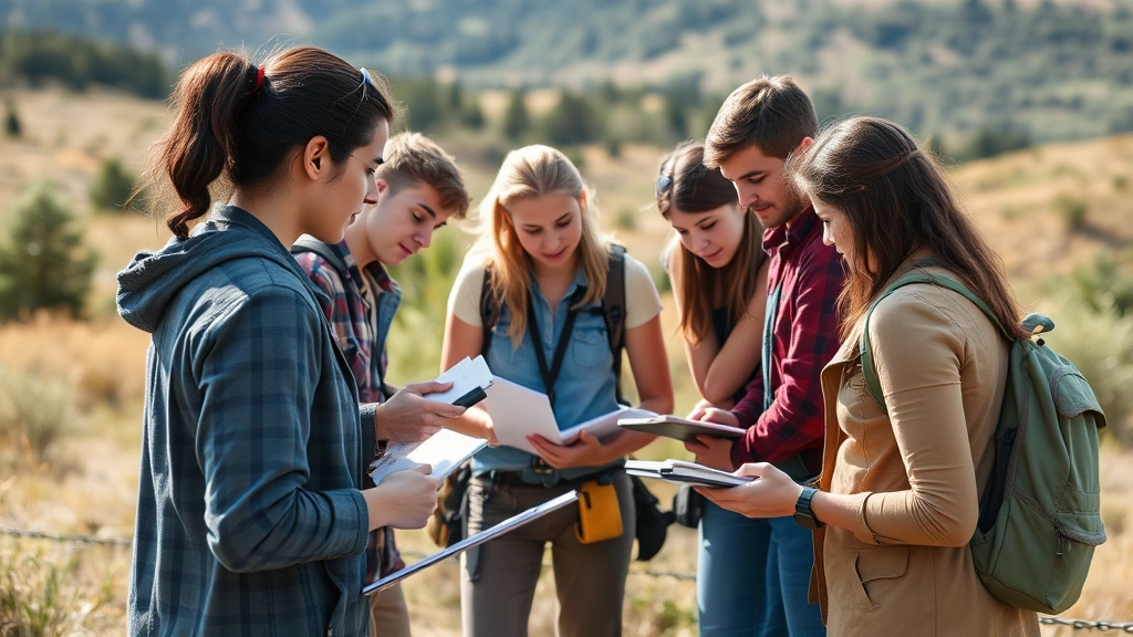 Diverse group of geographers conducting field research outdoors, collecting data with GPS equipment and notebooks in natural landscape setting