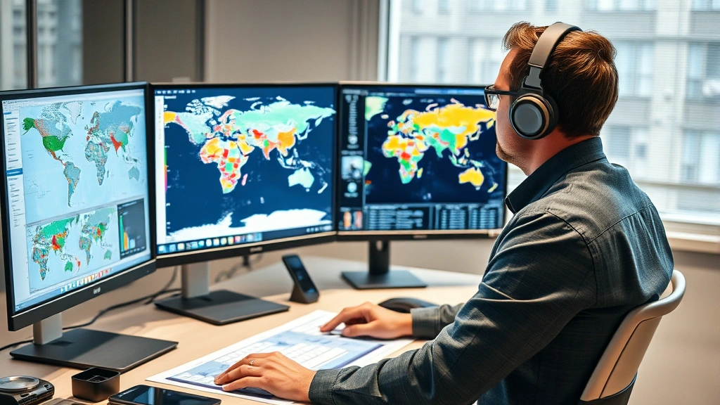 Professional geographer analyzing geographic information systems on computer workstation with detailed maps and spatial data visualizations displayed