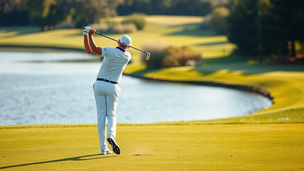Professional golfer executing a perfect golf swing on a lush fairway with water hazard visible in background, early morning sunlight, demonstrating proper form and technique