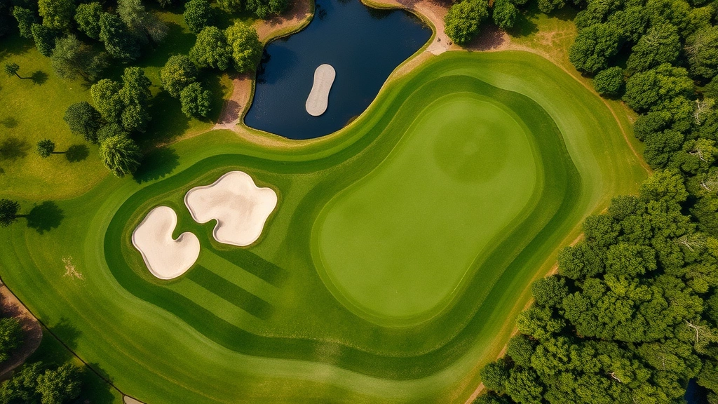 Aerial view of challenging golf hole with bunkers, water hazard, and manicured green surrounded by trees, showing course design complexity and strategic elements