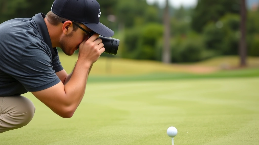 Golfer studying green with rangefinder before putting, focused concentration, undulating putting surface with multiple elevation changes, demonstrating course management strategy