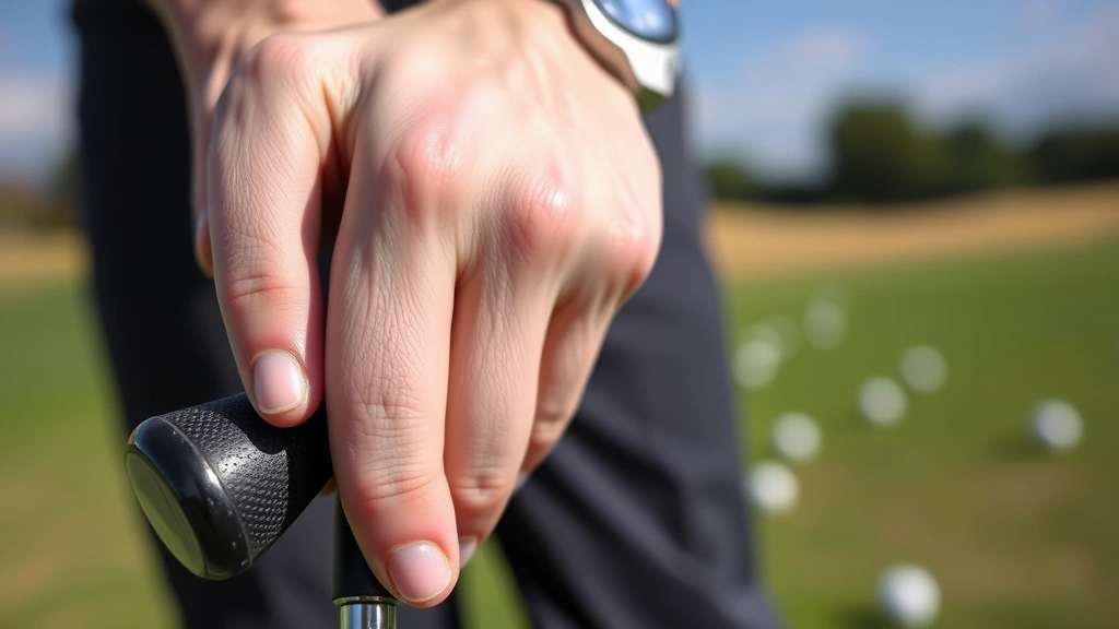 Close-up of proper golf grip and hand positioning on club, showing correct finger placement and alignment, natural daylight on outdoor practice range with blurred golf balls in background