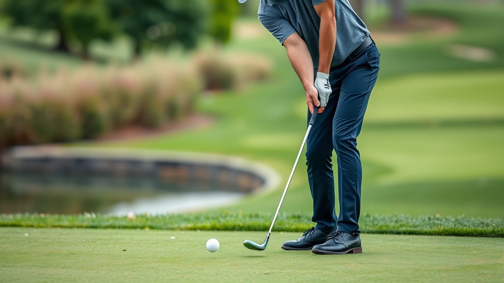 Golfer executing smooth chipping motion near practice green, showing proper body position and pendulum-like arm swing, with golf ball in flight and green hazard visible in soft focus background
