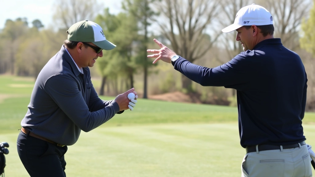 Professional golf instructor demonstrating proper grip and stance technique to student golfer on outdoor practice range with golf balls and training aids