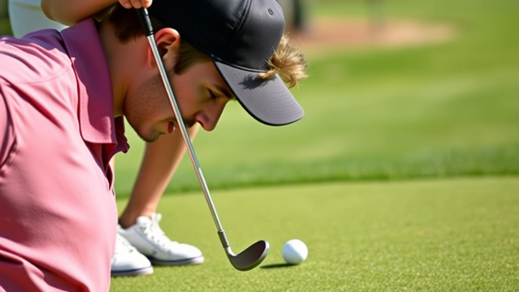 Golfer executing perfect chip shot on manicured practice green with intense focus, proper posture, and concentrated facial expression during skill development