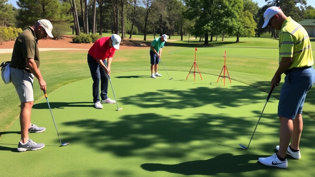 Multiple golfers practicing putting on practice green with training markers, measuring distances, and evaluating green breaks under bright natural daylight