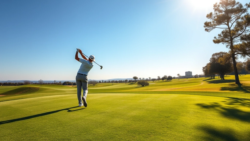 Professional golfer mid-swing on scenic championship golf course with rolling fairways and manicured greens under bright sunlight