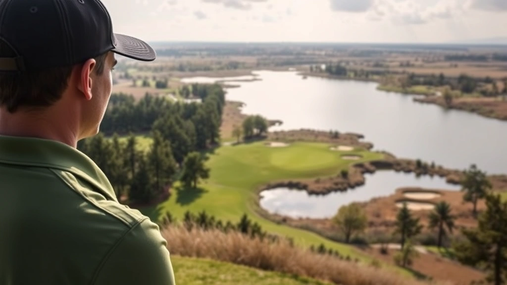 Golfer analyzing course layout from elevated tee box overlooking water hazards and bunkers with focused concentration expression
