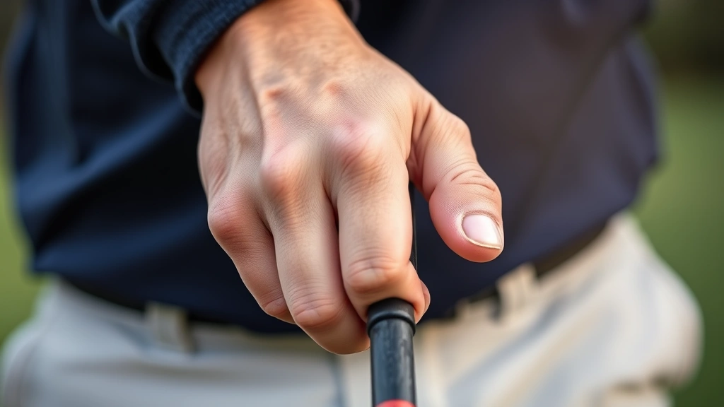 Close-up of golfer's hands demonstrating proper grip position on golf club with correct finger placement and alignment