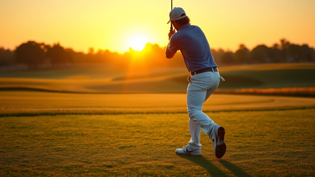 Professional golfer in mid-swing at sunrise on a championship golf course, demonstrating proper grip and stance with perfect form, grass and fairway visible