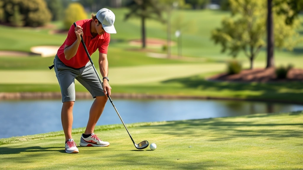 Beginner golfer practicing chipping technique near the green at a beautiful golf facility, focused concentration, natural daylight, manicured course grounds