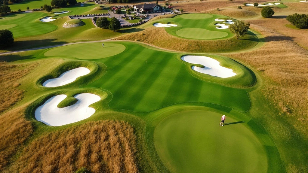 Scenic overhead view of a perfectly manicured 18-hole golf course with vibrant green fairways, white sand bunkers, and golfers in colorful attire playing various holes across rolling landscape