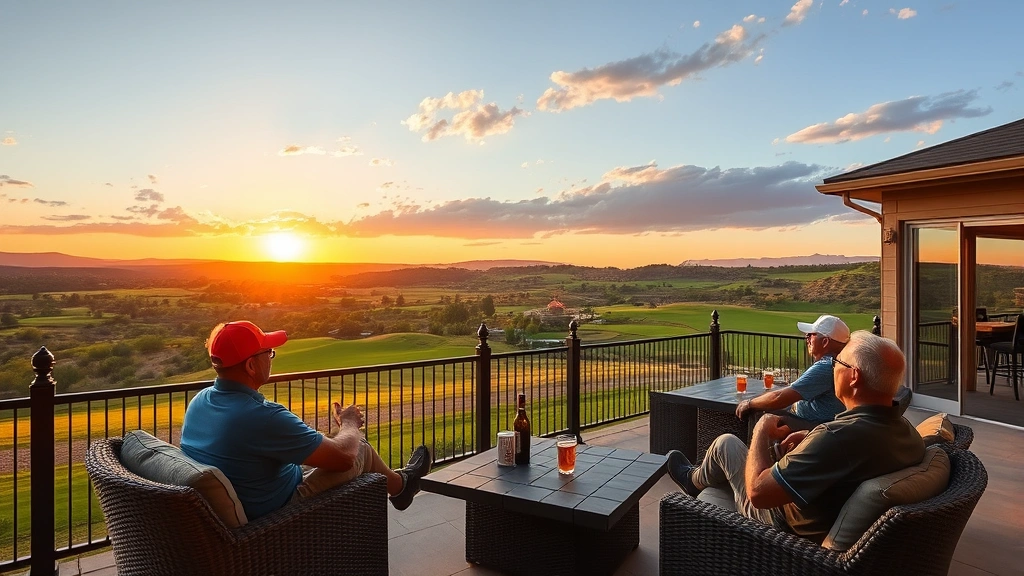 Golfers relaxing on a clubhouse patio with comfortable seating, enjoying beverages while overlooking a beautiful valley and distant course holes during golden hour sunset