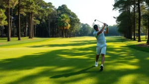 Golfer mid-swing on well-maintained fairway with trees framing course, natural daylight, athletic form emphasis