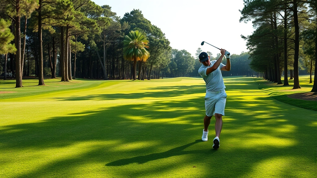 Golfer mid-swing on well-maintained fairway with trees framing course, natural daylight, athletic form emphasis