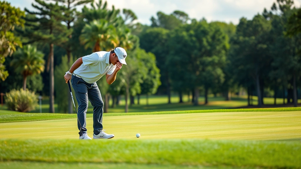 Golfer reading green with concentrated expression, bent posture studying slope, natural golf course setting