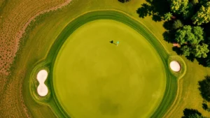 Overhead aerial view of well-maintained golf course fairway with manicured rough grass, scattered bunkers, and green flag visible in distance under clear blue sky with natural shadows from trees