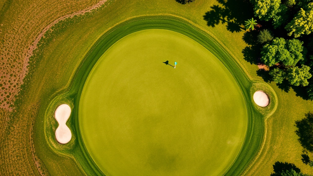 Overhead aerial view of well-maintained golf course fairway with manicured rough grass, scattered bunkers, and green flag visible in distance under clear blue sky with natural shadows from trees