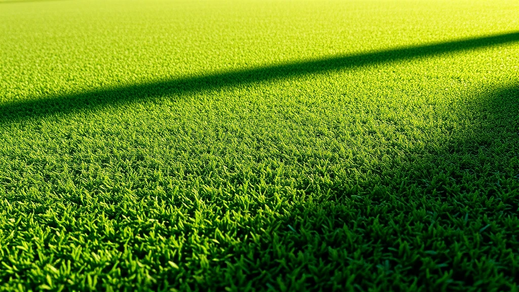 Close-up detail of pristine bent grass putting green with subtle undulations and shadows, showing professional-quality surface maintenance and natural morning light reflecting off grass