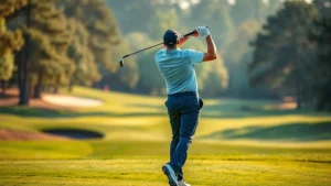 Professional golfer in mid-swing at a beautiful championship course, demonstrating proper form and technique with perfect balance and follow-through, early morning golden sunlight